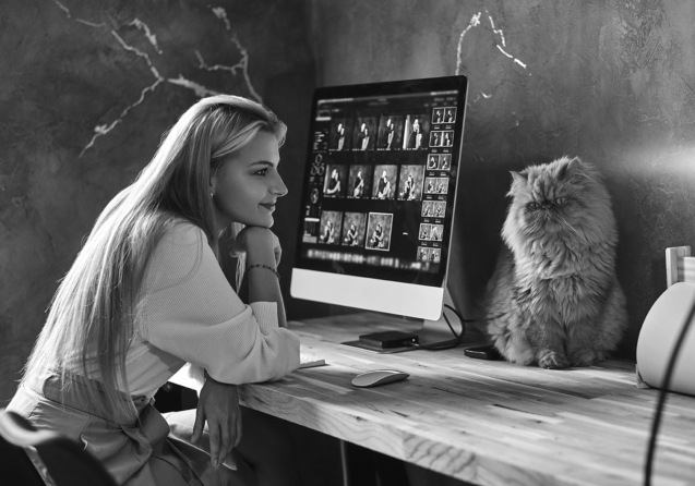 Beautiful young woman is sitting next to the table while her cat is sitting on the table.